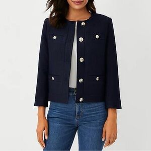 Ann Taylor The Military Blazer Jacket in Tweed Navy Blazer w/ Silver Buttons 4P
